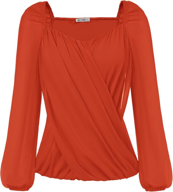 Women's Lantern Long Sleeve Tops 2024 Casual Loose Chiffon Shirts Criss Cross Ruffle Pleated Blouses