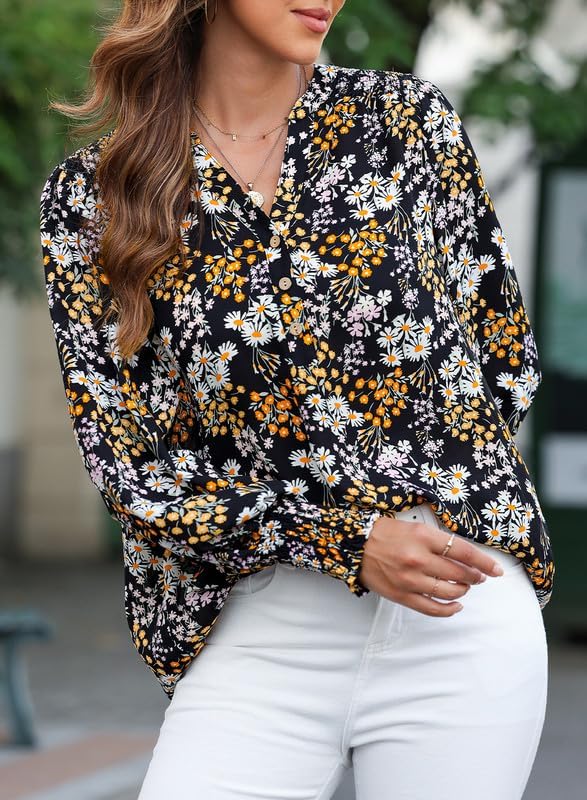 61Yqt1DqpML._AC.jpg Women's Casual V Neck Easel Floral Print Long Sleeve Blouses Smocked Button Down Shirts Bohemian Top