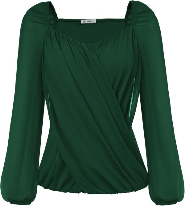 Women's Lantern Long Sleeve Tops 2024 Casual Loose Chiffon Shirts Criss Cross Ruffle Pleated Blouses