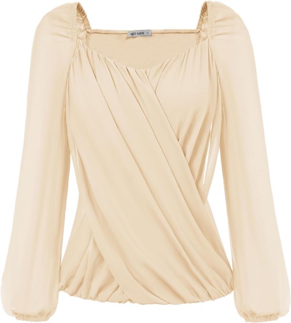 Women's Lantern Long Sleeve Tops 2024 Casual Loose Chiffon Shirts Criss Cross Ruffle Pleated Blouses