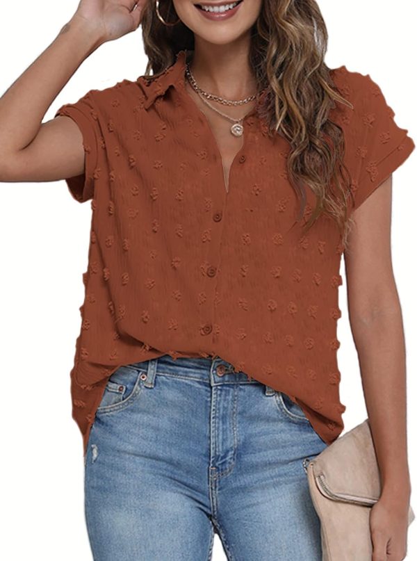 Women White Button Down Shirt Dressy Casual Work Tops Chiffon Blouse Summer Short Sleeve Shirts