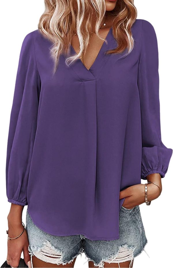 Women's Long Sleeve V Neck Shirt Dressy Pleated Top Casual Loose Chiffon Blouses