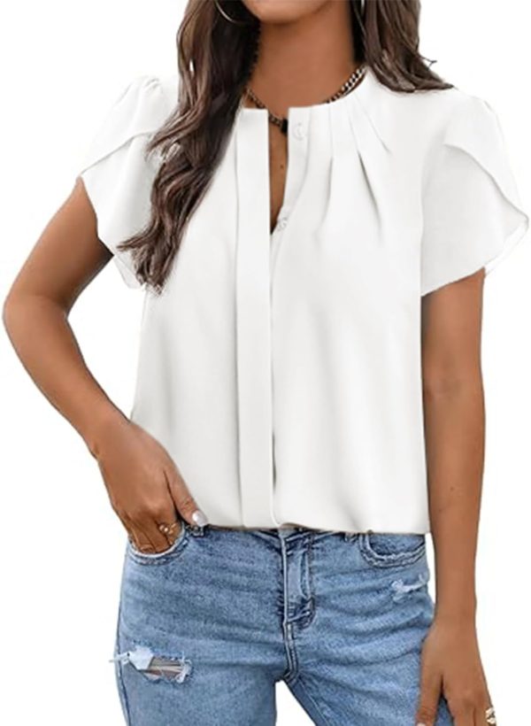 Womens Summer Tops Button Down Crew Neck Short Sleeve Shirts Business Casual Loose Work Chiffon Blouses