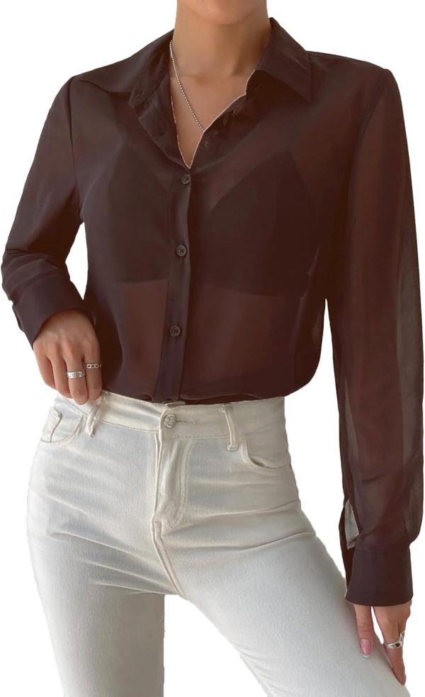 61dkR0rounL._AC_SL1500.jpg Women's Sheer Mesh Button Up Shirt Long Sleeve See Through Blouse