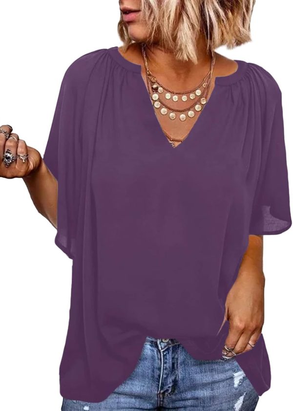 61fGzb6GivL._AC_SL1500.jpg Womens Chiffon Blouses Casual Solid Bell Sleeve Shirt Loose V Neck Pleated Tunic Tops