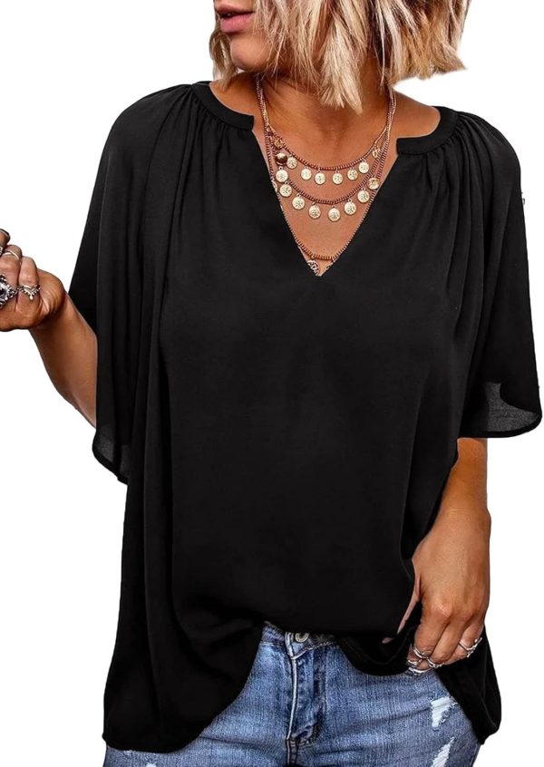 61fgrv1O4mL._AC_SL1500.jpg Womens Chiffon Blouses Casual Solid Bell Sleeve Shirt Loose V Neck Pleated Tunic Tops