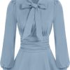Women's Long Sleeve Peplum Dressy Shirt Office Bow Tie Work Blouses Tops Smocked Waist
