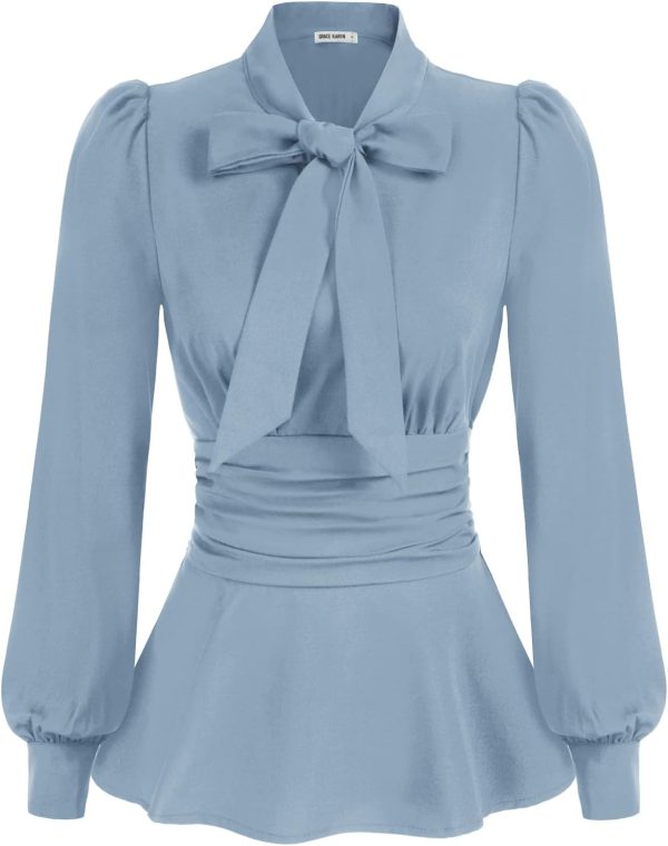 Women's Long Sleeve Peplum Dressy Shirt Office Bow Tie Work Blouses Tops Smocked Waist