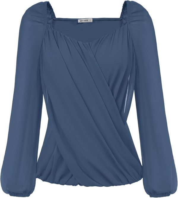 Women's Lantern Long Sleeve Tops 2024 Casual Loose Chiffon Shirts Criss Cross Ruffle Pleated Blouses