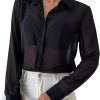 Women's Sheer Mesh Button Up Shirt Long Sleeve See Through Blouse