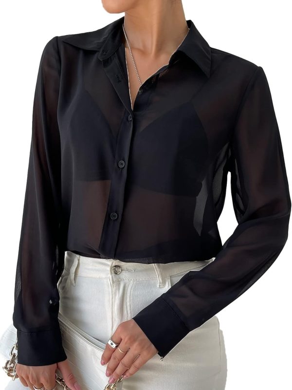 61lOF_WUjlL._AC_SL1500.jpg Women's Sheer Mesh Button Up Shirt Long Sleeve See Through Blouse
