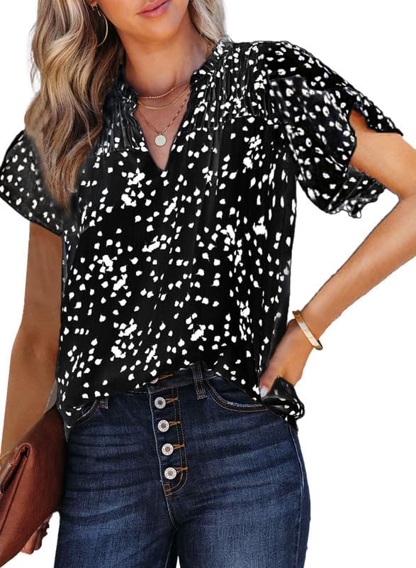 61mDR0S6ZwL._AC.jpg Women's Casual V Neck Alicia Floral Print Smocked Short Sleeve Chiffon Blouses Bohemian Top Shirts