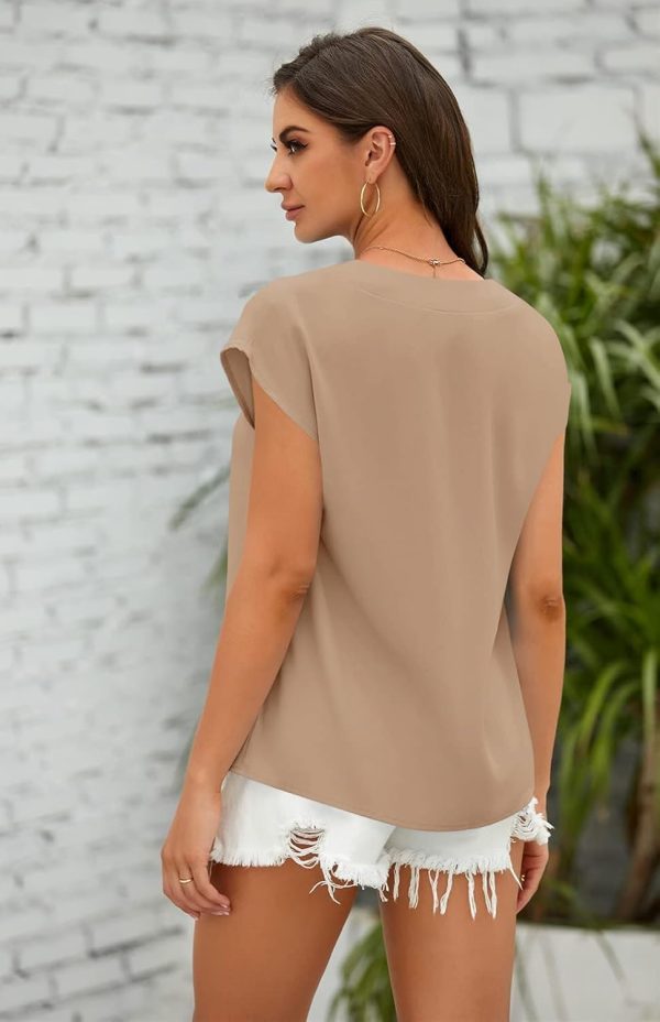 Women's V Neck Chiffon Blouses Cap Sleeve Shirts Casual Loose Work Office Solid Tops