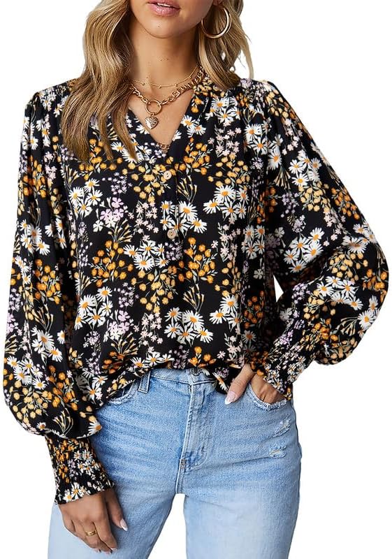 61ouduFaQrL._AC.jpg Women's Casual V Neck Easel Floral Print Long Sleeve Blouses Smocked Button Down Shirts Bohemian Top