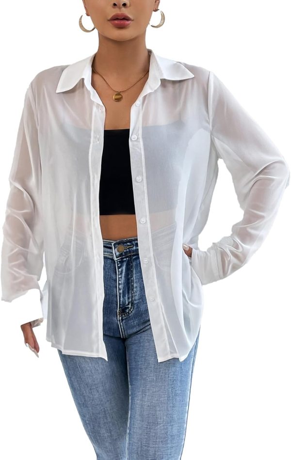61rqcrhj7AL._AC_SL1500.jpg Women's Sheer Mesh Button Up Shirt Long Sleeve See Through Blouse
