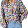 Women's Casual V Neck Easel Floral Print Long Sleeve Blouses Smocked Button Down Shirts Bohemian Top