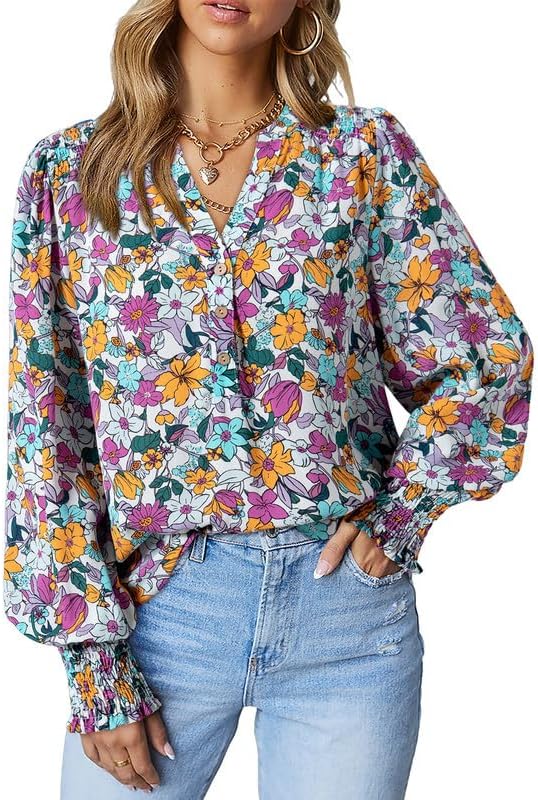 61smBoqucqL._AC.jpg Women's Casual V Neck Easel Floral Print Long Sleeve Blouses Smocked Button Down Shirts Bohemian Top