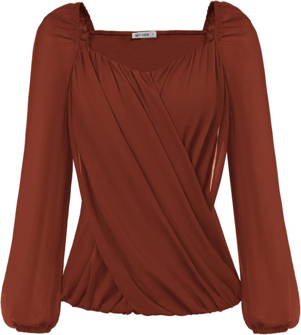 Women's Lantern Long Sleeve Tops 2024 Casual Loose Chiffon Shirts Criss Cross Ruffle Pleated Blouses