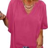 Womens Chiffon Blouses Casual Solid Bell Sleeve Shirt Loose V Neck Pleated Tunic Tops