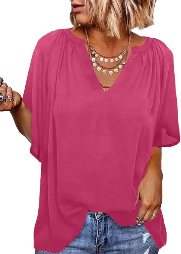 61u9i6O7DmL._AC_SL1500.jpg Womens Chiffon Blouses Casual Solid Bell Sleeve Shirt Loose V Neck Pleated Tunic Tops