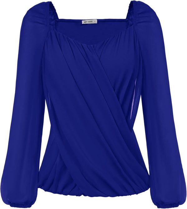 Women's Lantern Long Sleeve Tops 2024 Casual Loose Chiffon Shirts Criss Cross Ruffle Pleated Blouses