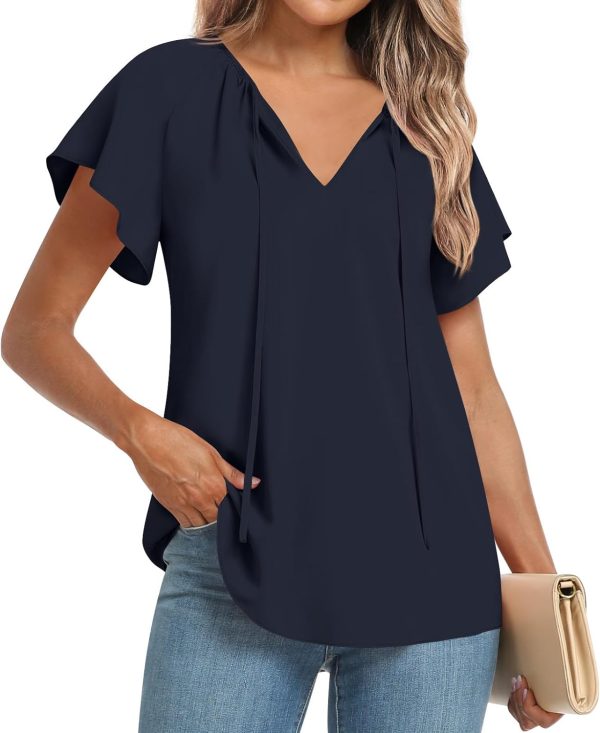 Womens 2024 Summer Tunic Tops Casual Short Sleeve Blouses V Neck Dressy Chiffon Boho Tshirts