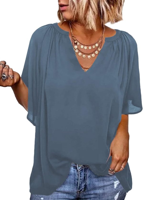 61xBbp5pRXL._AC_SL1500.jpg Womens Chiffon Blouses Casual Solid Bell Sleeve Shirt Loose V Neck Pleated Tunic Tops