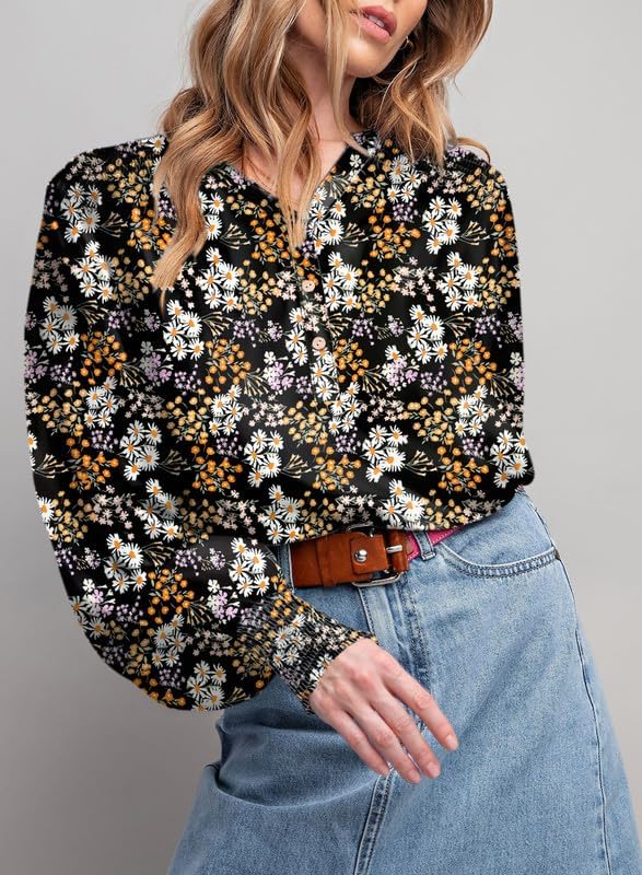 61xIL1-2HPL._AC.jpg Women's Casual V Neck Easel Floral Print Long Sleeve Blouses Smocked Button Down Shirts Bohemian Top