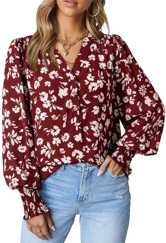 61zRzIfmajL._AC.jpg Women's Casual V Neck Easel Floral Print Long Sleeve Blouses Smocked Button Down Shirts Bohemian Top