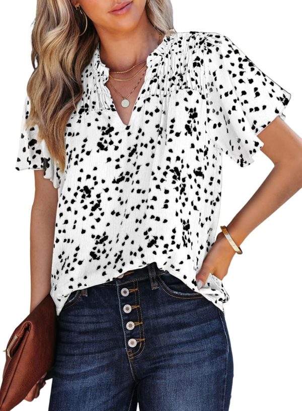 Women's Casual V Neck Floral Print Smocked Short Sleeve Chiffon Blouses Bohemian Top Shirts