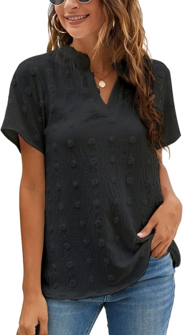 Womens White Chiffon Blouses Short Sleeve V Neck Shirts Summer Casual Polka Dot Tops