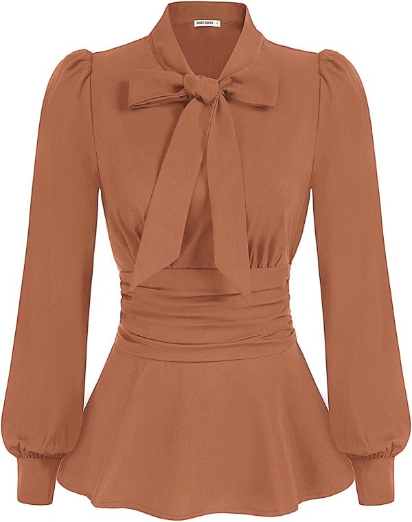 Women's Long Sleeve Peplum Dressy Shirt Office Bow Tie Work Blouses Tops Smocked Waist