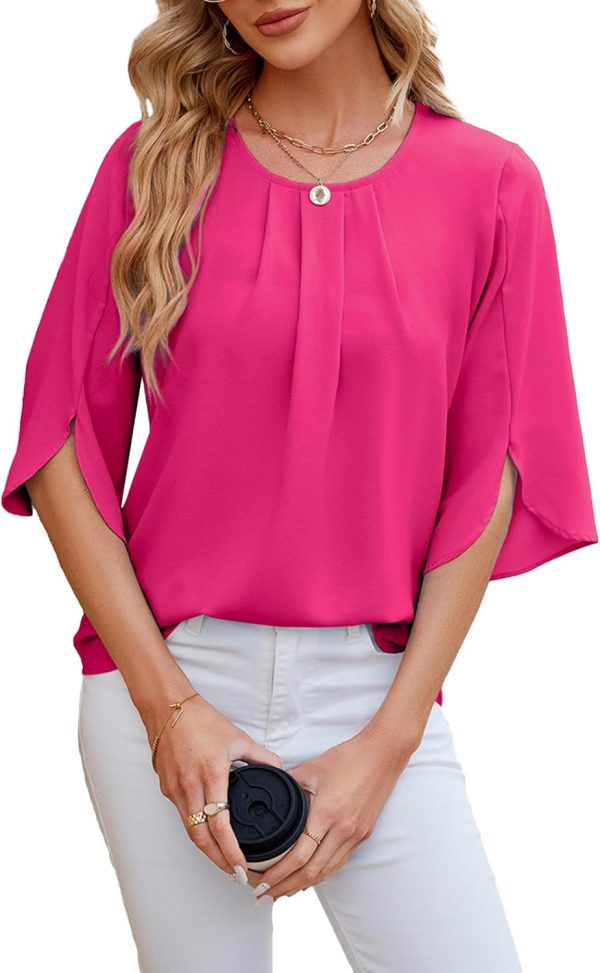 Women's Chiffon Blouse 3/4 Sleeve Crew Neck Loose Tops Casual Blouses Shirt