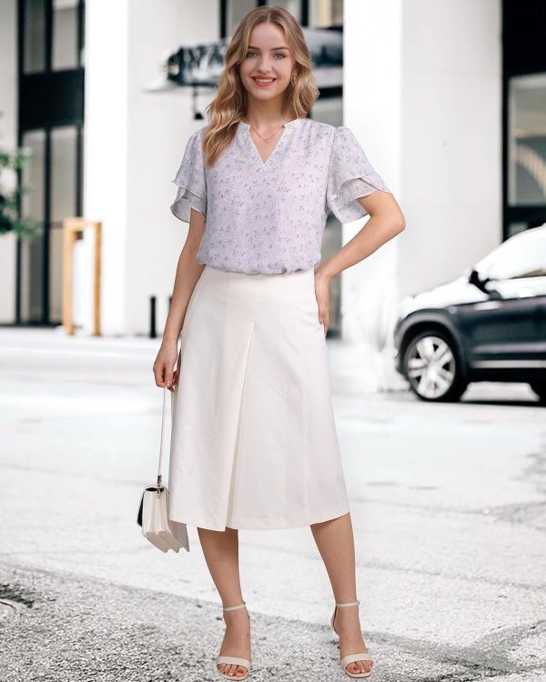 Womens Dressy Chiffon Blouses Summer Puff Petal Short Sleeve Shirts V Neck Casual Work Tops