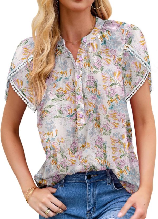 Womens Tops Summer Casual Boho Floral Print Short Sleeve Half Button Down V Neck Chiffon Blouses Shirts