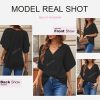 Womens Chiffon Blouses Casual Solid Bell Sleeve Shirt Loose V Neck Pleated Tunic Tops