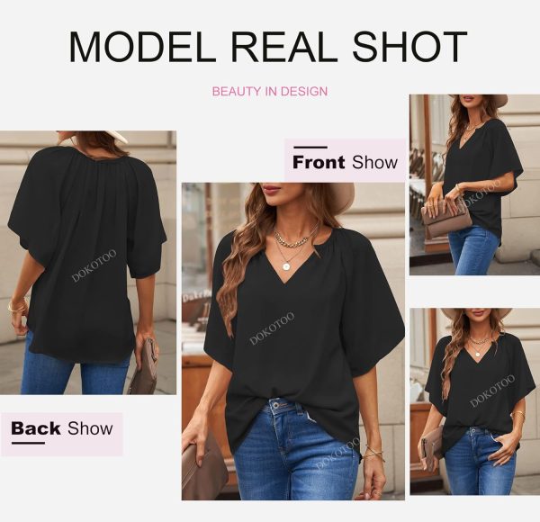 7143YxBhoJL._AC_SL1500.jpg Womens Chiffon Blouses Casual Solid Bell Sleeve Shirt Loose V Neck Pleated Tunic Tops