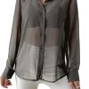 Women's Sheer Mesh Button Up Shirt Long Sleeve See Through Blouse