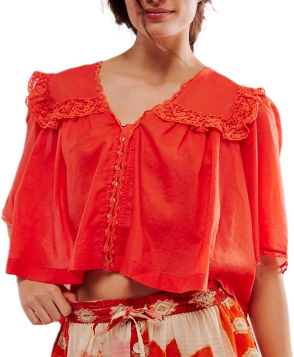 Women's Sexy Low Cut Chiffon Shirt  3/4 Sleeve V Neck Sheer Button Down Blouse Cute Ruffle Lace Trim Top