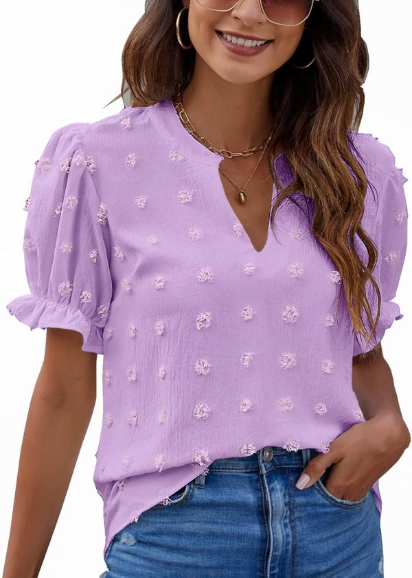 Womens Puff Sleeve Summer Tops Chiffon Short Sleeve Blouses White V Neck Pom Pom Shirts