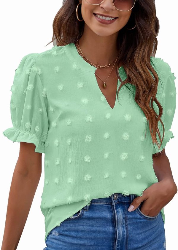 Womens Puff Sleeve Summer Tops Chiffon Short Sleeve Blouses White V Neck Pom Pom Shirts