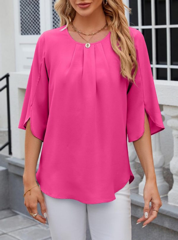 Women's Chiffon Blouse 3/4 Sleeve Crew Neck Loose Tops Casual Blouses Shirt