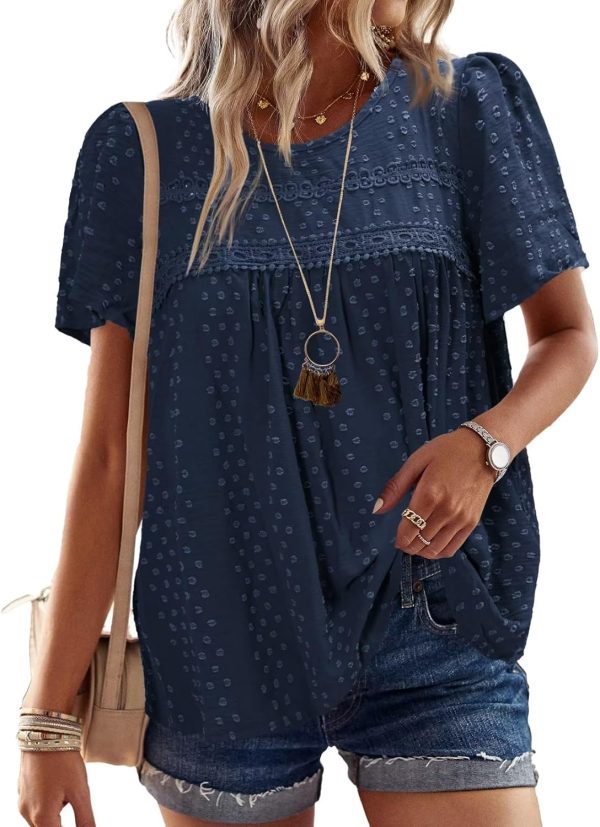 Womens Summer Tops Crewneck Short Sleeve Shirts Casual Chiffon Blouses Flowy Lace Hem Boho Clothing Trendy 2024