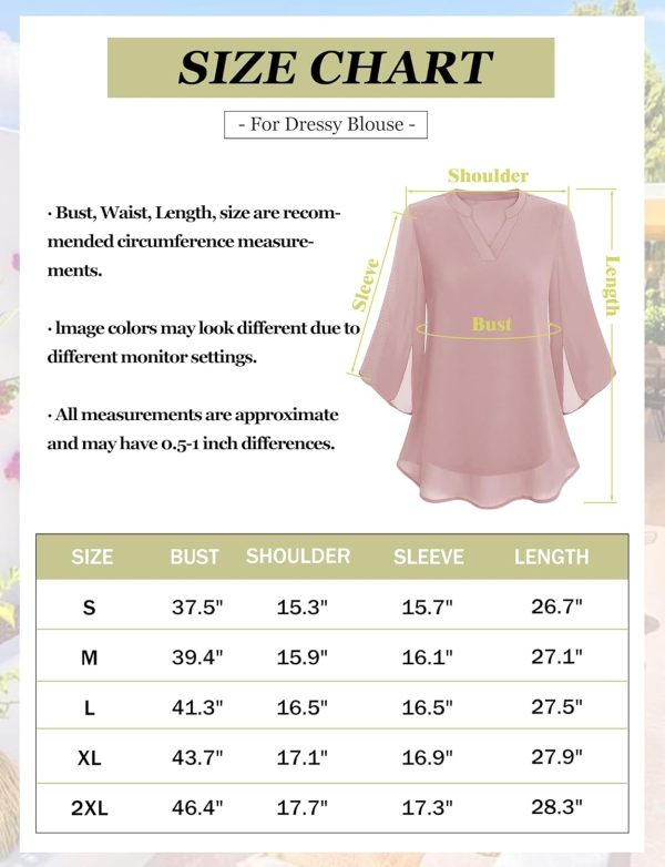 Women's 3/4 Sleeve Chiffon Blouses for Women Dressy Casual, V Neck Double Layers Chiffon Blouses 2024, Tunic Tops