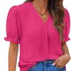 Women Dressy Casual Puff Short Sleeve Summer Tops V Neck Work Blouses