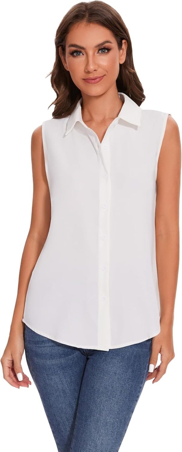 Womens Sleeveless Button Down Shirt Classic Collared Blouse Basic Tank Tops Work Office Chiffon Tops
