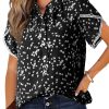 Womens Tops Summer Casual Boho Floral Print Short Sleeve Half Button Down V Neck Chiffon Blouses Shirts