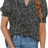 Womens Fashion Blouses Notched V Neck Puffer Short Sleeve Shirt Polka Dot Tops Chiffon Dressy Shirts