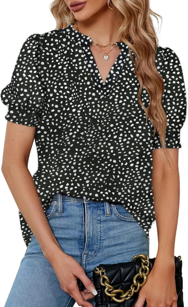 71IykTyZFgL._AC_SL1500.jpg Womens Fashion Blouses Notched V Neck Puffer Short Sleeve Shirt Polka Dot Tops Chiffon Dressy Shirts