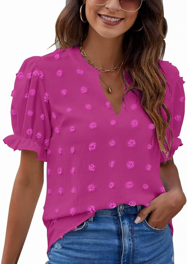 Womens Puff Sleeve Summer Tops Chiffon Short Sleeve Blouses White V Neck Pom Pom Shirts